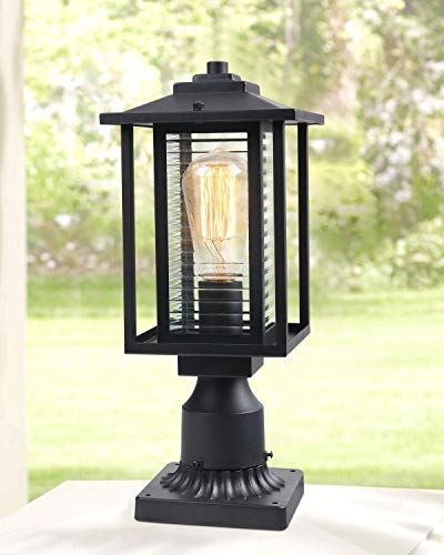 JAZAVA Outdoor Post Light Fixture One-Light, Exterior Post Lantern LED Street Light for Patio with 3-Inch Pier Mount Base, Black Finish with Ribbed Glass - Thumbnail 3