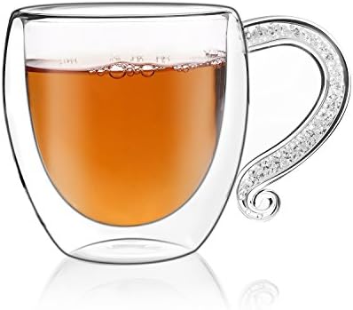 Coffee Mug with Crystal-Filled Handle，IKET Insulated Double-Wall Glass Tea Espresso Cup-Unique Birthday Gift (1,White)