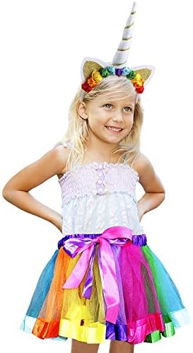 COGGIFEL Ribbon Tutu Skirt with Unicorn Flower Headband for Girls Ballet Dress up (Style A)