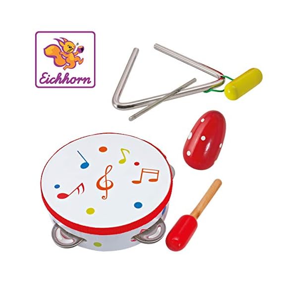 Eichhorn 100003408 - Musik Set enthält Trommel, Triangel, Maraca-Ei, aus Eichenholz