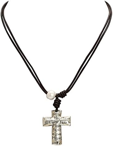 ShengSheng Cross Pendant Necklace Choker with Single 11MM Pearl on Natural Leather Cord-Brown 19"