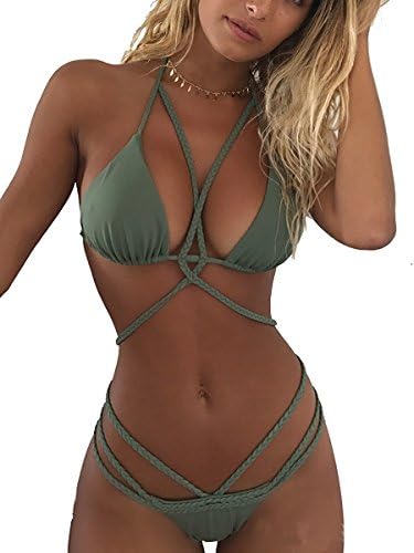 MEATHY Women's 2 Pcs Bikini Set Halter Braid Strappy Bandage Swimsuit Swimwear