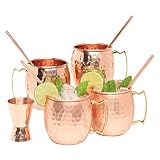 Kitchen Science Moscow Mule Copper Mugs 16 Ounce with 4 Straws and Jigger Set