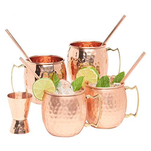Kitchen Science Moscow Mule Copper Mugs 16 Ounce with 4 Straws and Jigger Set