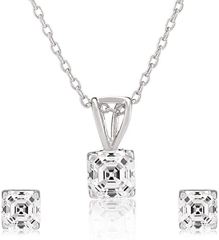 Dhieraj Jewels Women's Swarovski Zircon Imperial Mosaic (Asscher) Cut Pendant Necklace And Stud Earrings Set Platinum