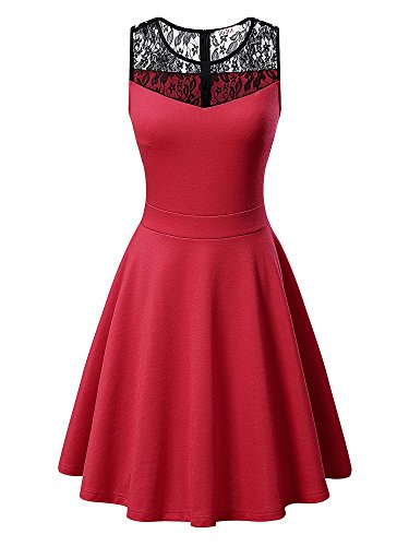 KIRA Women's Sleeveless A-Line Evening Party Lace Cocktail Dress (Large, Red With Black Floral Lace)