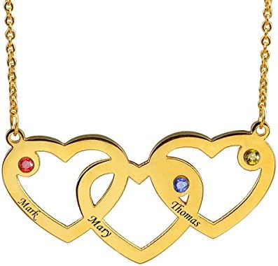 Rainbowie Intertwined Triple Hearts Personalized Family Name Necklace with Birthstone Custom Made with 3 Names,Rose Golden