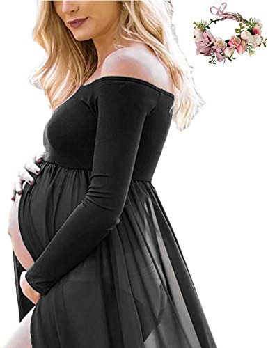 Maternity Summer Off Shoulder Long Sleeve Chiffon Gown Split Front Maxi Pregnancy Dress for Photoshoot (Black, L)