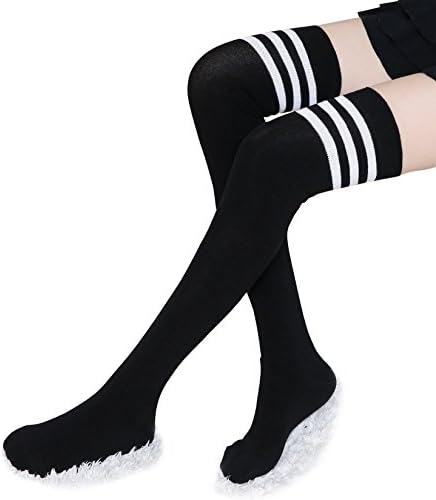Women Three Stripe Over Knee High Socks Athletic Tube Socks with Non Slip Silicone