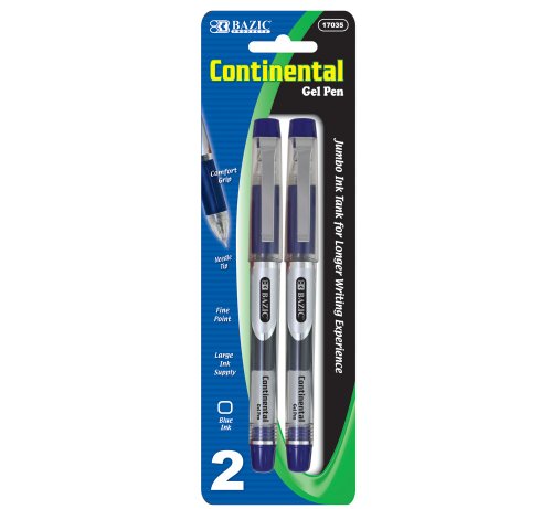 BAZIC Continental Blue Jumbo Ink Tank Needle-Tip Gel Ink Pen w/ Grip (2/Pack) (Case of 12) (17035-12)