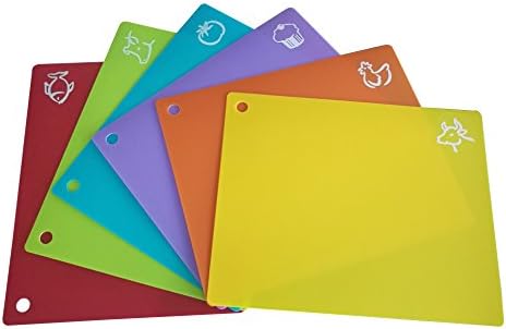 Flexible Cutting Board 6-Pieces, BPA Free, Food Icons and Hanging Holes. Extra Thick. Plastic Cutting Boards and Chopping mats.