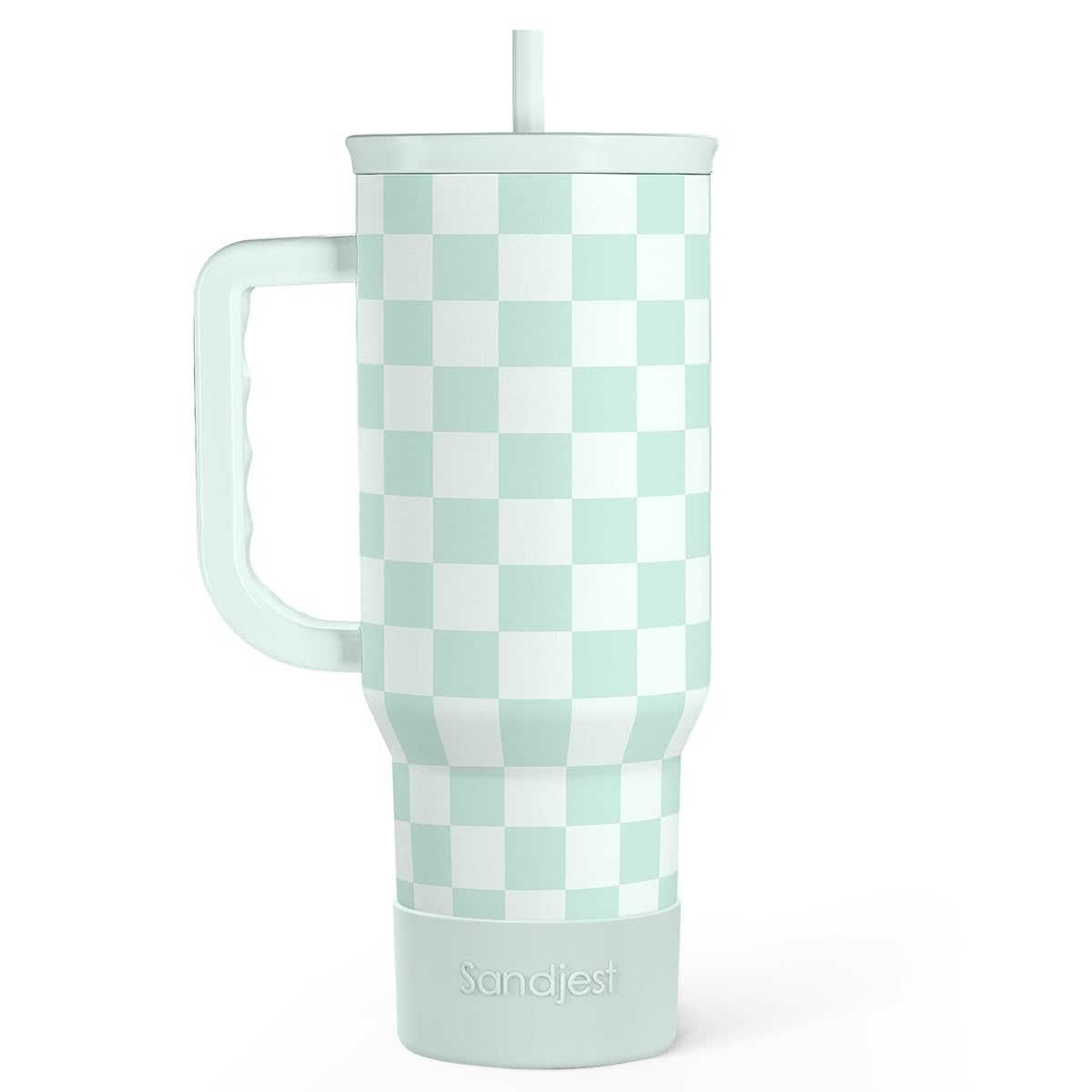 Photo 1 of ***(MAJOR DAMAGE/ SEE NOTES)***SANDJEST Checkered Tumbler with Handle 40oz, Mint Checker Cup Stainless Steel Insulated Tumblers Coffee Travel Mug Cups with Straw, Gifts for Women Girls Teen Birthday Christmas