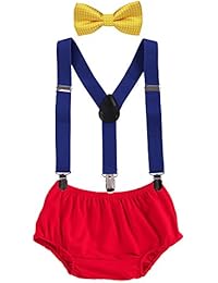 Baby Boys Cake Smash Clothes Diaper Suspenders Pants Bow Tie 3PCS Set First 1st 2nd Birthday Outfit for Photo Prop Party Yellow + Dark Blue + Red 3-24 Months