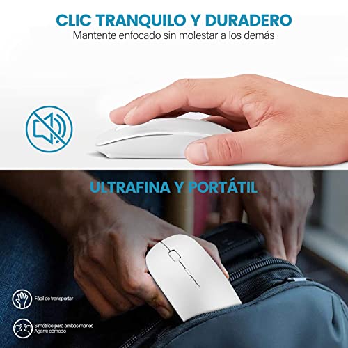 YOMYM Mouse Ratón óptico Inalámbrico Recargable 2.4 G, Silencioso Click con Receptor USB y Tipo-c Adaptador 3 Ajustable DPI Ratón Para Computadora, Ideal para Ordenadores portátiles, PCs, Blanco