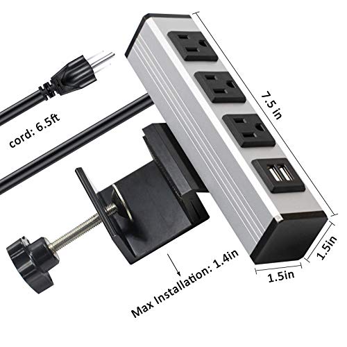 BTU Desk Clamp Power Strip, Desktop Power Outlet Clamp Mount with 2 USB