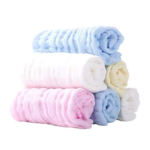 6-pack baby muslin cloths 100% cotton, multi-colour 6 layer muslin squares 10 in x 10 in (25 cm x 25 cm), plain baby burp bibs, newborn essentials unisex baby girl baby boy muslin cloth soft organic