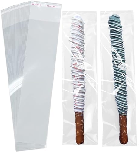 SUREHOME Pretzel Rod Bags 200 Pcs 2x8 In Clear Self Sealing Cellophane Bags for Chocolate Covered Pretzel Stick Individual Resealable Plastic Cello Bag for Party Favors Candy Treats Popsicle Packaging