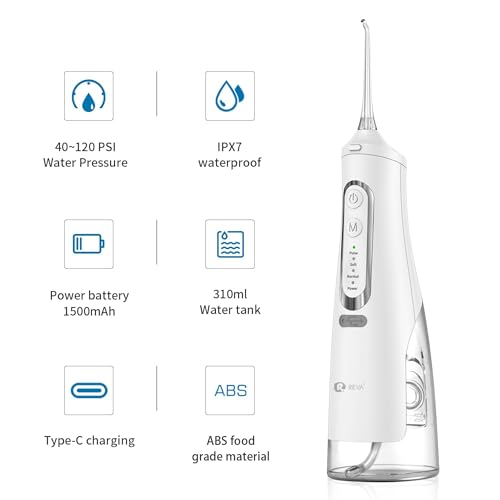 R REVA Cordless Dental Water Flosser for Teeth, Gums & Braces - Electric Oral Irrigator 310ML, 4 Modes, Rechargeable, 4 Jet Tips, Smart Memory, 360° Nozzle, IPX7 Waterproof & Low Noise (M209 - White)