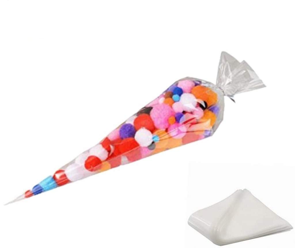 CHSYOO 100 x Transparent Cone Plastic Bags Wedding Party Favor Bags Birthday Party Favors Flat Bag with Gold Ribbon for Biscuits Candy Fruit Gums