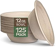 100% Compostable 12 oz. Paper Bowls [125-Pack] Heavy-Duty Quality Natural Disposable Bagasse, Eco-Friendly Bio