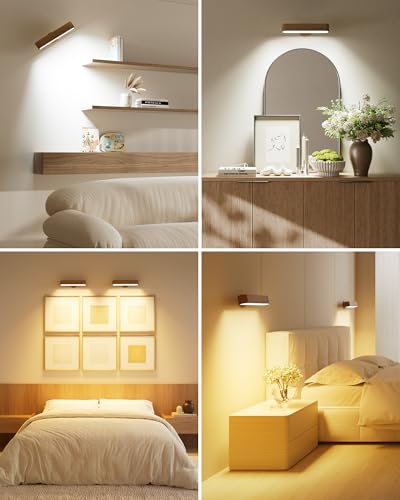 Ufanore Lampara de Pared, Juego de 2 Apliques de Pared Recargable y Inalámbricas, Madera LED Iluminación de Pared Magnético 360° con Control Remoto y Táctil, 3 CCT, 5 Niveles 15 Colores RGB, Nogal