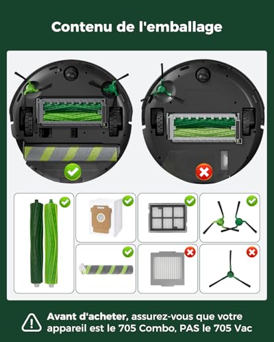 21 Accessory Kits for iRobot Roomba Max 705/706 Robot Vacuum Cleaner Combo: 2 Main Brushes, 2 Washing Roller, 6 Side Brushes, 4 HEPA Filters, 6 Vacuum Cleaner Bags, 1 Brush