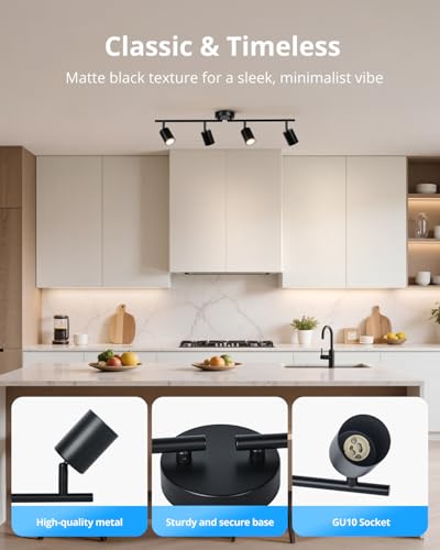 Gr4tec 4 Way Spotlights Ceiling Light, Adjustable Kitchen Lights Ceiling, Black Ceiling Light Fitting, Metal GU10 Spotlight bar for Hallway Bedroom, Bulb Not Included