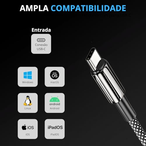 Cabo USB-C para USB-C 2 Metros 100W - Carregamento Rápido - Compatível com Smartphones e Tablets USB-C - Design Resistente em Nylon Trançado