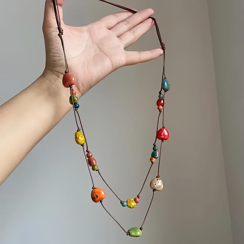Handmade Bohemian Ceramic Bead Necklace for Women - Multi-Color Long Statement Pendant, Adjustable Length Gift Jewelry