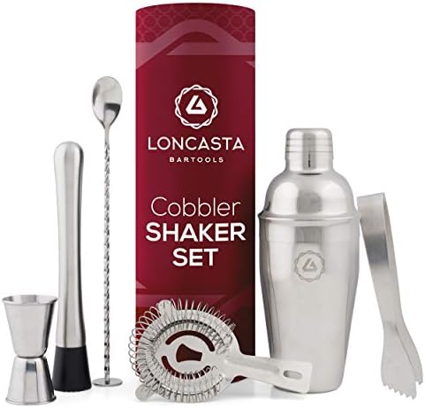 Complete Martini Shaker Set - Premium 6 piece Muddler Set with Bar Accessories - 18 oz Manhattan Cocktail Shaker, Strainer, Muddler, Double Jigger, Bar Spoon, Ice Tongs - BONUS eBook with Recipes