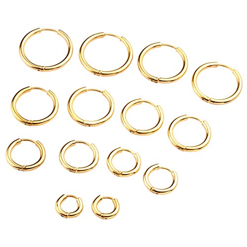 JOVIVI 14pc 8-20mm 18G Unisex Stainless Steel Huggie Hinged Hoop Earrings Piercing Jewelry, Silver Black Gold Color