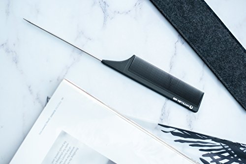 HYOUJIN 608 Black Carbon Pin tail Comb,100% Anti static 230℃ Heat Resistant,Metal Pintail Comb,Rattail Lift Comb,with Non-skid Paddle for hair styling
