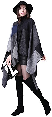 ilishop Women's Winter Reversible Oversized Blanket Poncho Cape Shawl Cardigans Black Free