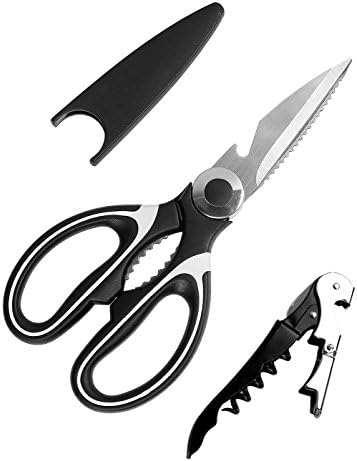 Heavy Duty Kitchen Shears Multi-Purpose Scissors with Blade Cover &amp; Corkscrew Black/White