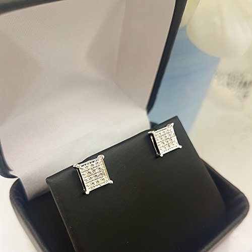 0.10 Carat (ctw) Rund White Diamond Square Shape Mens Iced Stud Earrings 1/10 CT, Sterling Silver - Thumbnail 2