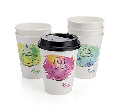 Coffee Cups With Lids, 12 OZ Paper cups, Disposable Hot Cups, They also Comes as a Variety Pack, Double Wall No Sleeves Needed, Take Your Coffee Cups To Go (50) Count - By Kingly - Thumbnail 4