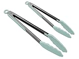 Country Kitchen Set Of Two Stainless Steel Silicone Kitchen Food Tongs For Nonstick Cookware, Silicone Tips And Handles, 10” And 13” - Gun Metal And Mint Green