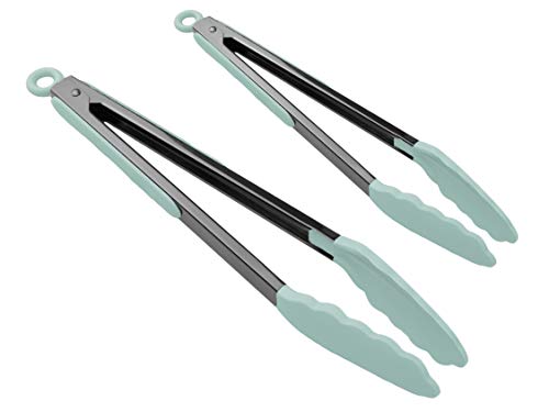 Country Kitchen Set Of Two Stainless Steel Silicone Kitchen Food Tongs For Nonstick Cookware, Silicone Tips And Handles, 10” And 13” - Gun Metal And Mint Green