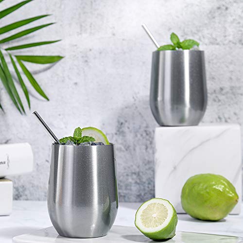 2 Pack 12 oz Wine Tumbler with Lids, Double Wall Vacuum Insulated Stainless Steel Stemless Wine Glass, Travel Coffee Mug Cup for Wine, Drinks, Champagne, Cocktails (Include Straws & Brush) (Silver)