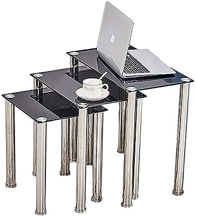 HomeSailing Nest of 3 Tables End Tables Side Tables Glass Rectangular for Living Room Bedroom Sofa Side Metal Chrome Legs