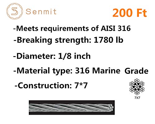 Senmit 1/8 Stainless Steel Aircraft Wire Rope for Deck Cable Railing Kit,7 x 7 200 Feet T 316 Marine Grade