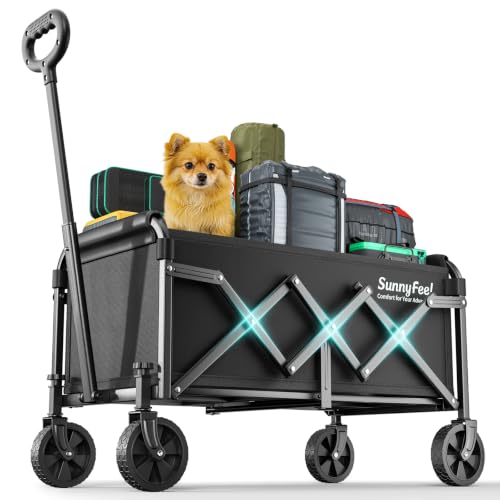 SUNNYFEEL Lightweight Folding Wagon Cart, 350LBS Portable Wagon Carts Foldable for Shopping Camping Garden Beach,Black