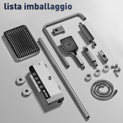 Koeutoze Sistema Doccia con display digitale a LED, soffione doccia XL a pioggia, doccetta, getto ausiliario e rubinetto a cascata – Acciaio inossidabile – Colonna Doccia Regolabile (Grigio)