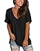 NSQTBA Womens Basic V Neck T Shirts Rolled Short Sleeve Summer Casual Tops with Pocket S-2XL