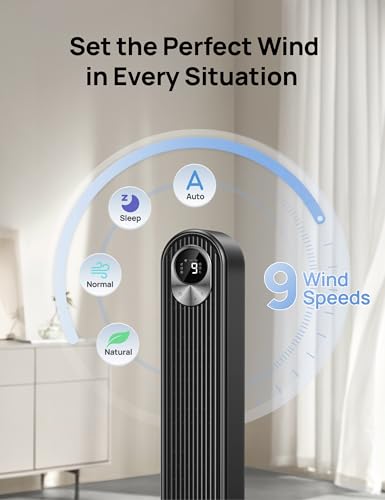 DREO 20dB Quiet 42 Inch Tower Fan, DC Power, 28ft/s Fast Cooling, 9 Speeds 4 Modes, 12H Timer Night Mode, LED Display & Remote, Standing Fan for Home Bedroom Office, Black