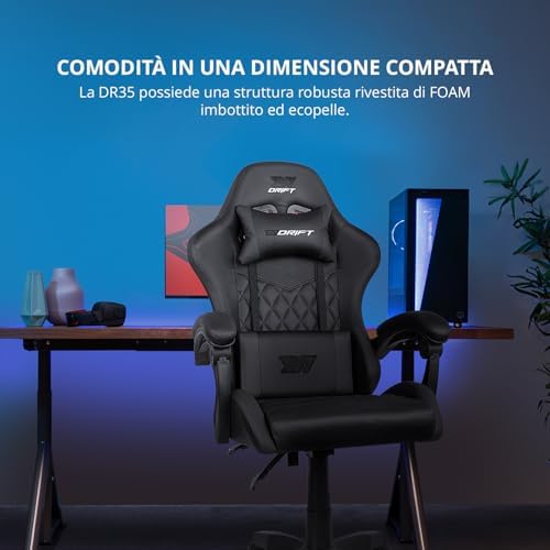 DR35 – Sedia Gaming Ergonomica Professionale con Braccioli 2D Regolabili, Supporto Lombare e Cervicale, Reclinabile a 135°, Rivestimento in Pelle Sintetica, Ruote Silenziose, Nero