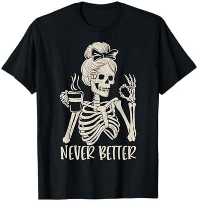 Amazon.com: Messy Bun Drinking Coffee Skeleton T-Shirt for Women