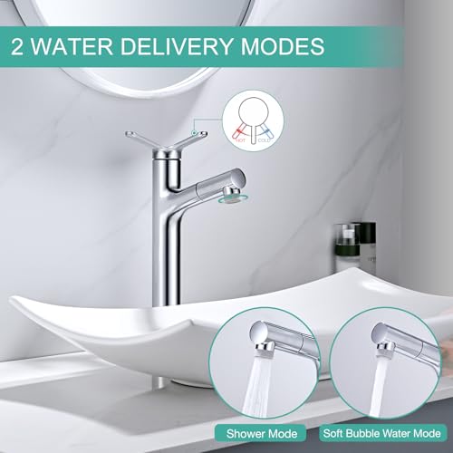 Tall Bathroom Faucet with 2 Modes Pull-Out Shower, DETBOM Basin Mixer, Single Lever Taps, Suitable for Countertop Washbasin, Removable Aerator, Hot/Cold Water, Lead-free, Chrome