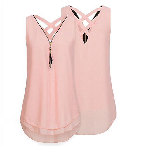 FEITONG 10 Colours Women Loose Plus Size Sleeveless Tank Top Cross Back Hem Layed Zipper V-Neck T Shirts Tops, S-5XL(XX-Large,Pink)