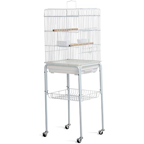 Yaheetech 46.5” White Metal Bird Cage Parrot Cockatiel House Stand On Wheels with 3 Front Doors/Bottom Tray/Bottom Shelf